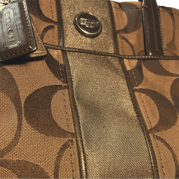 Coach Signature Stripe Khaki Gold Tote Bag Canvas & Patent Leather w/ Hang Tags - Picture 8 of 14